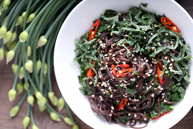 Black Rice Noodles with Fresh Kale, Mint and Basil