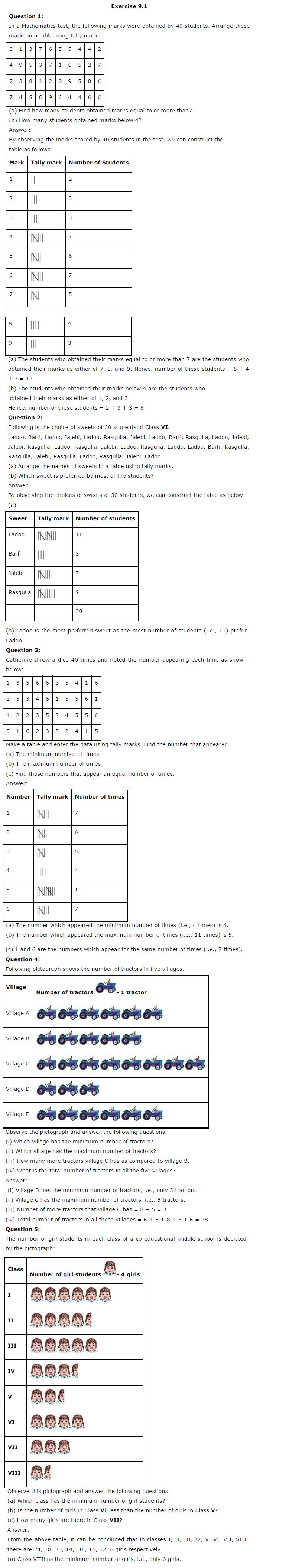 NCERT Solutions For Class 6 Maths Chapter 9 Data Handling PDF Download