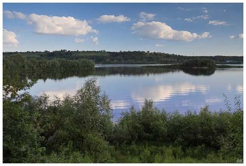 city sky reflection clouds creek river landscape outdoors scenery russia bank bushes oka nizhnynovgorod strigino