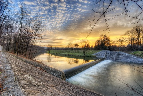 trees sunset sky reflections river landscape branches poland hdr cieszyn weir silesia olza