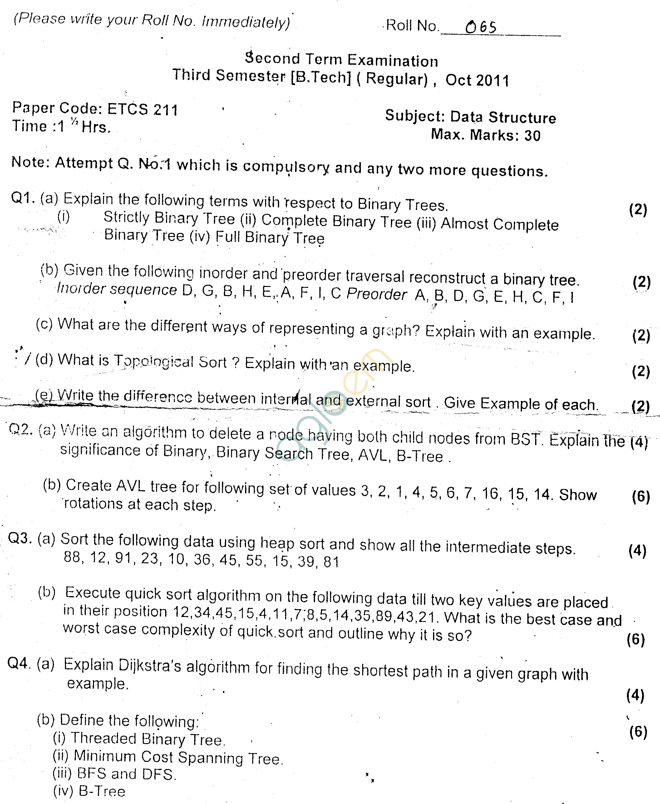 GGSIPU Question Papers Third Semester  Second Term 2011  ETCS-211