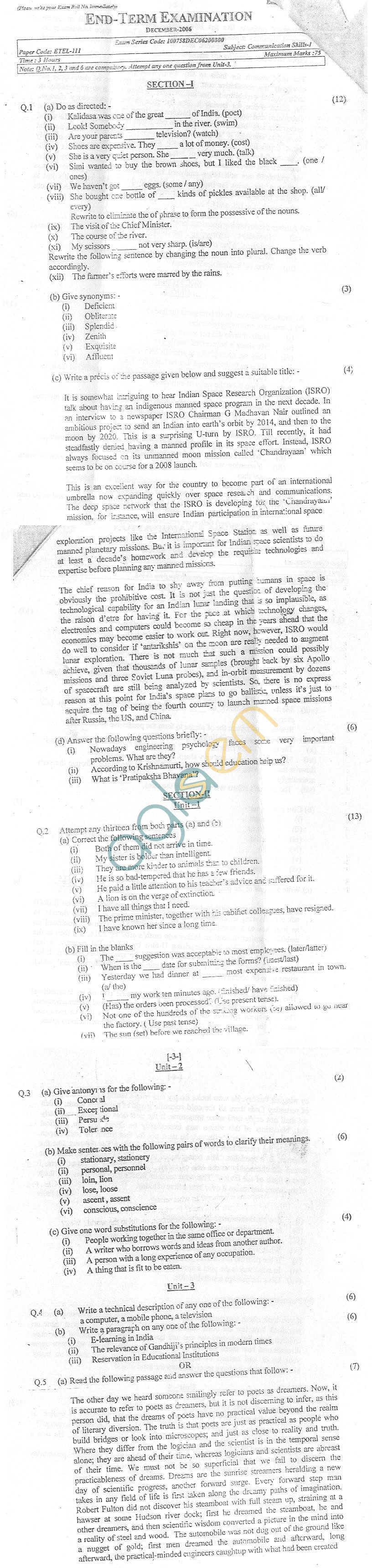 GGSIPU: Question Papers First Semester  End Term 2006  ETEL-111