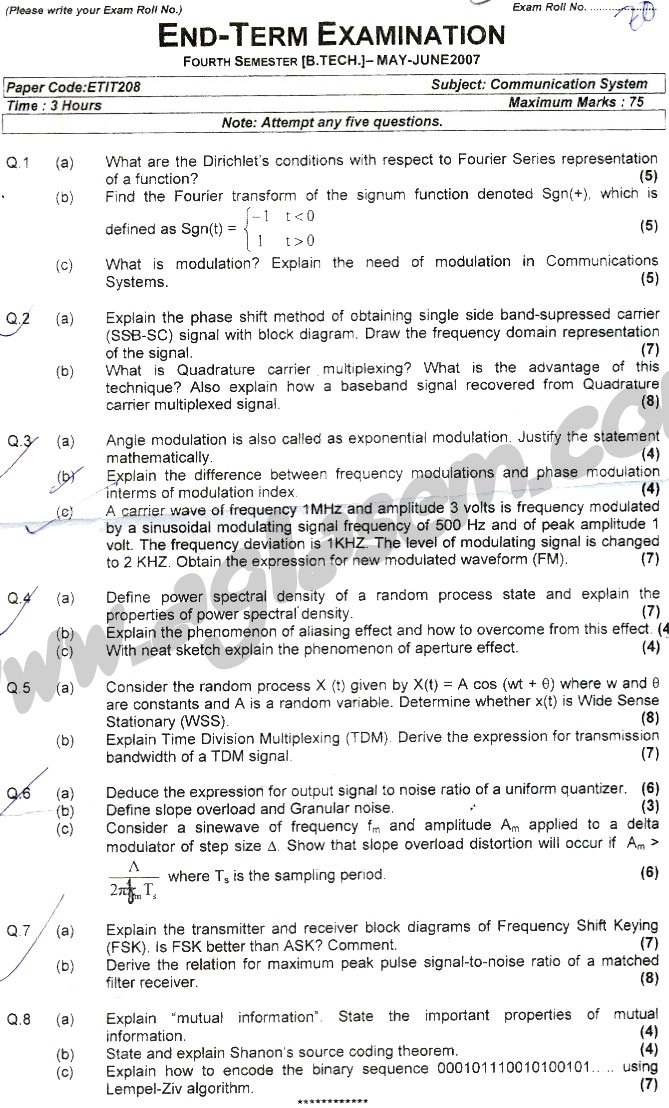 GGSIPU Question Papers Fourth Semester – end Term 2007 – ETIT_208