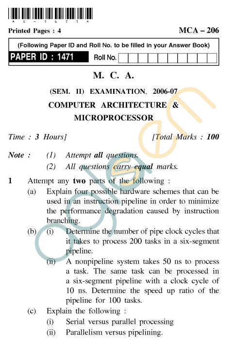 UPTU MCA Question Papers - MCA-206 - Computer Architecture & Microprocessor