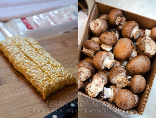 Left pic: cubed tempeh, Right pic: box of mushrooms