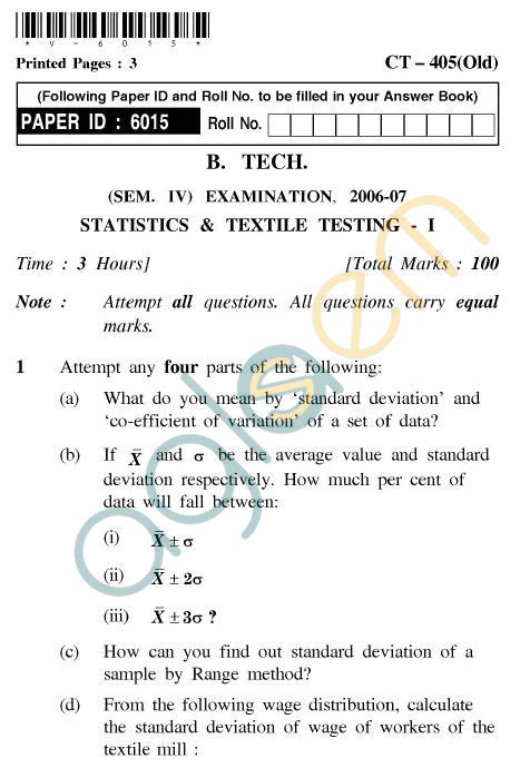 UPTU B.Tech Question Papers - CT-405 - Statistics and Textile Testing-I