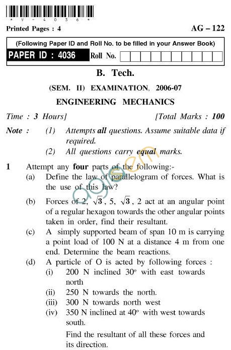 UPTU: B.Tech Question Papers - AG-122 - Engineering Mechanics