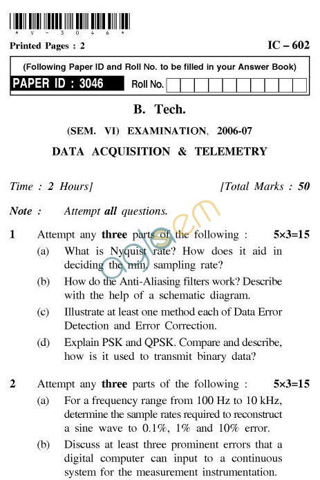UPTU B.Tech Question Papers - IC-602-Data Acquisition & Telemetry