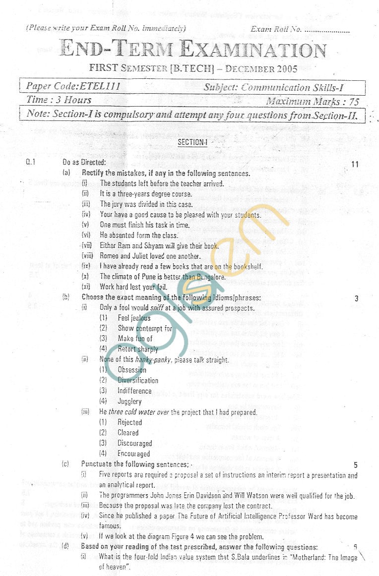 GGSIPU: Question Papers First Semester – end Term 2005 – ETEL-111