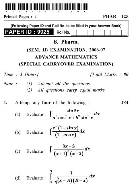 UPTU B.Pharm Question Papers PHAR-125 - Advanced Mathematics (Special Carryover Examination)