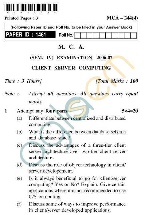 UPTU MCA Question Papers - MCA-244(4) - Client Server Computing