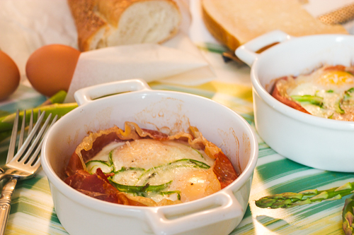 Baked Eggs with Shaved Asparagus and Proscuitto #SundaySupper