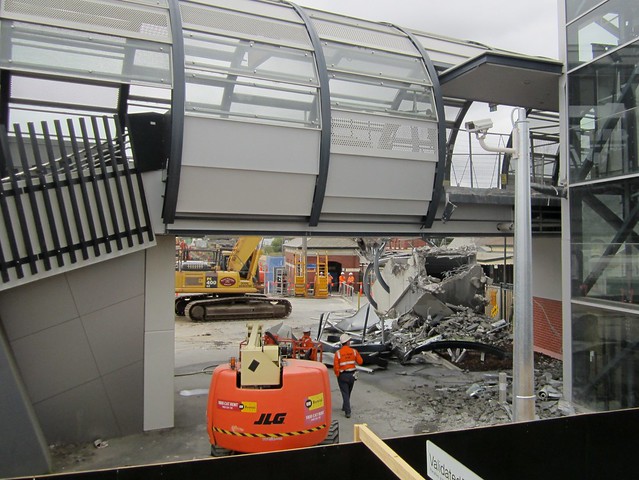 Footscray railway station footbridge being partially demolished