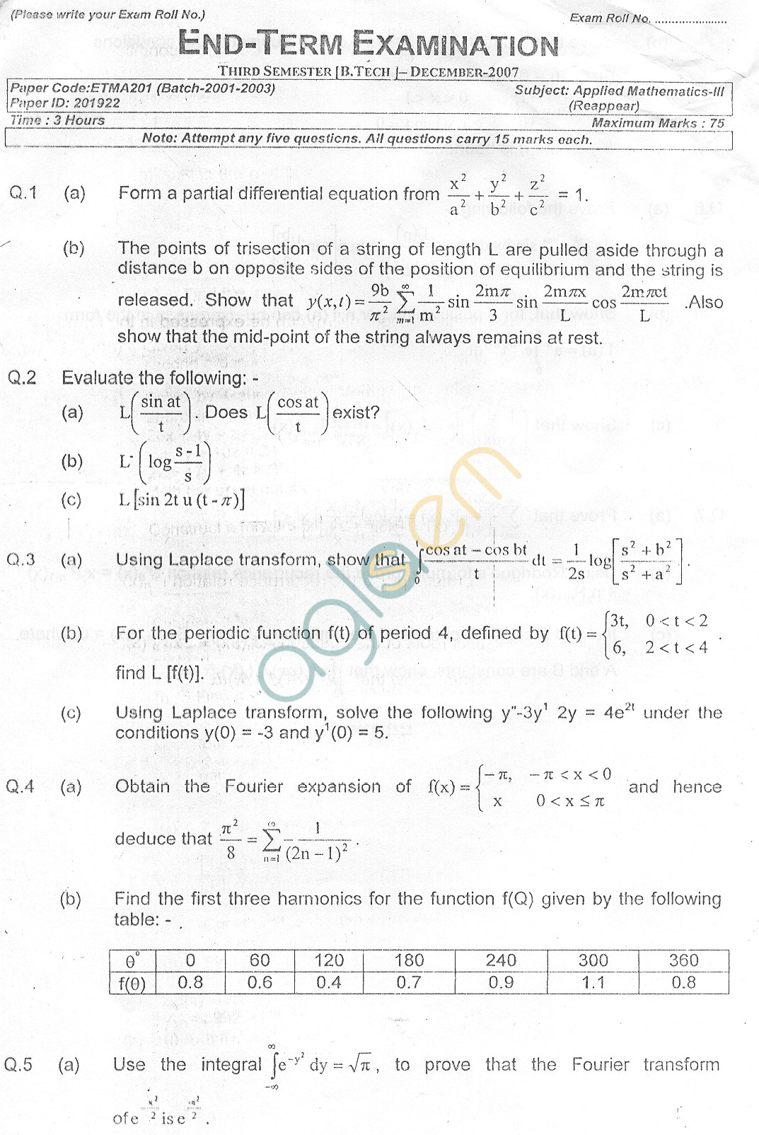 GGSIPU Question Papers Third Semester  End Term 2007  ETMA-201
