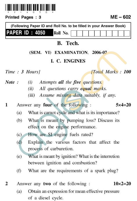 UPTU: B.Tech Question Papers - ME-602 - I.C. Engines