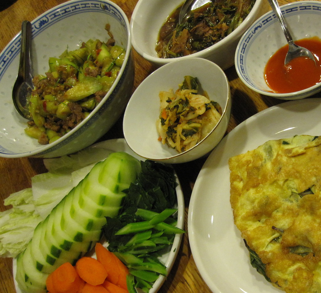 loofa with pork, kha mu palo, kimchee, omlete