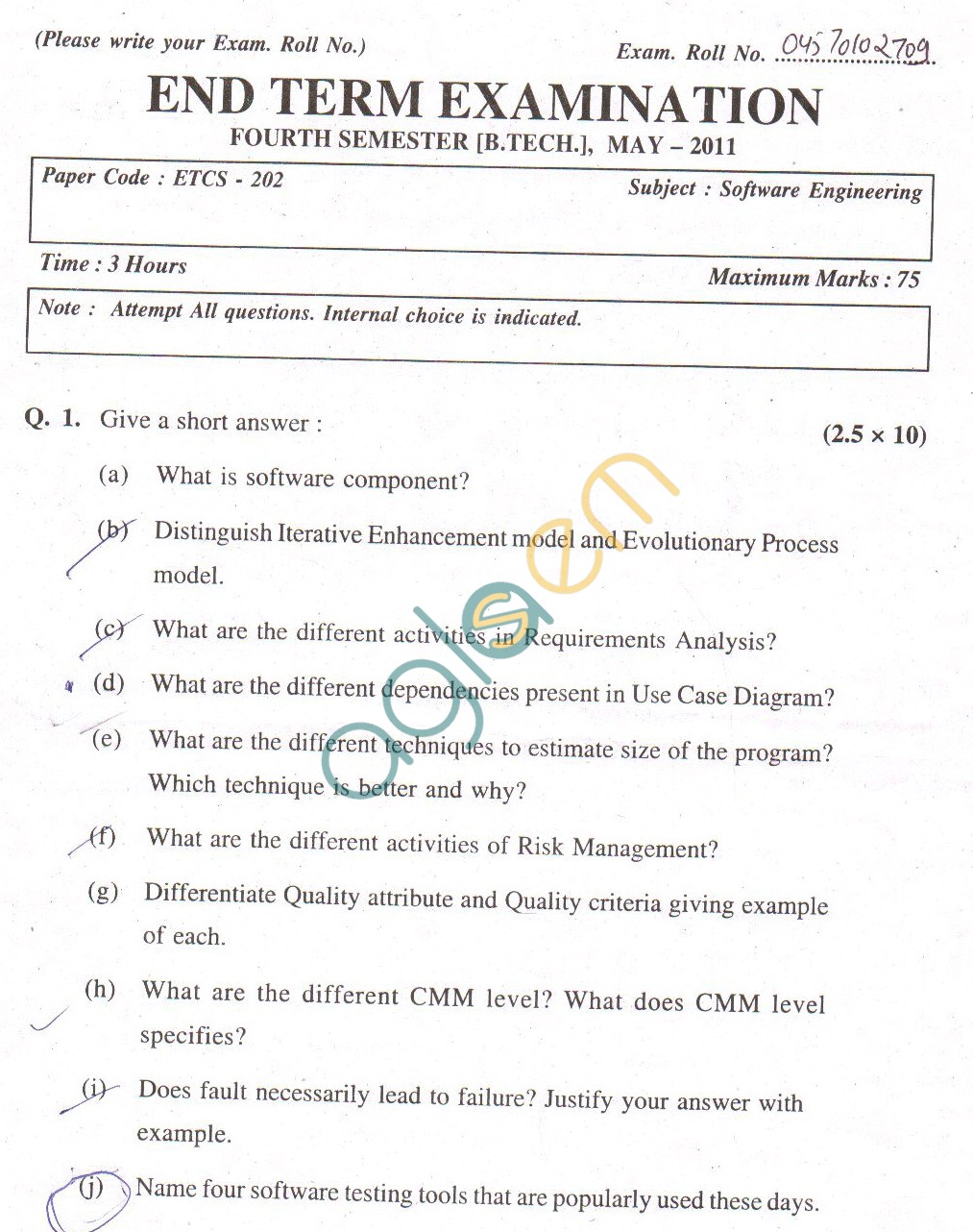 GGSIPU Question Papers Fourth Semester  End Term 2011  ETCS-202