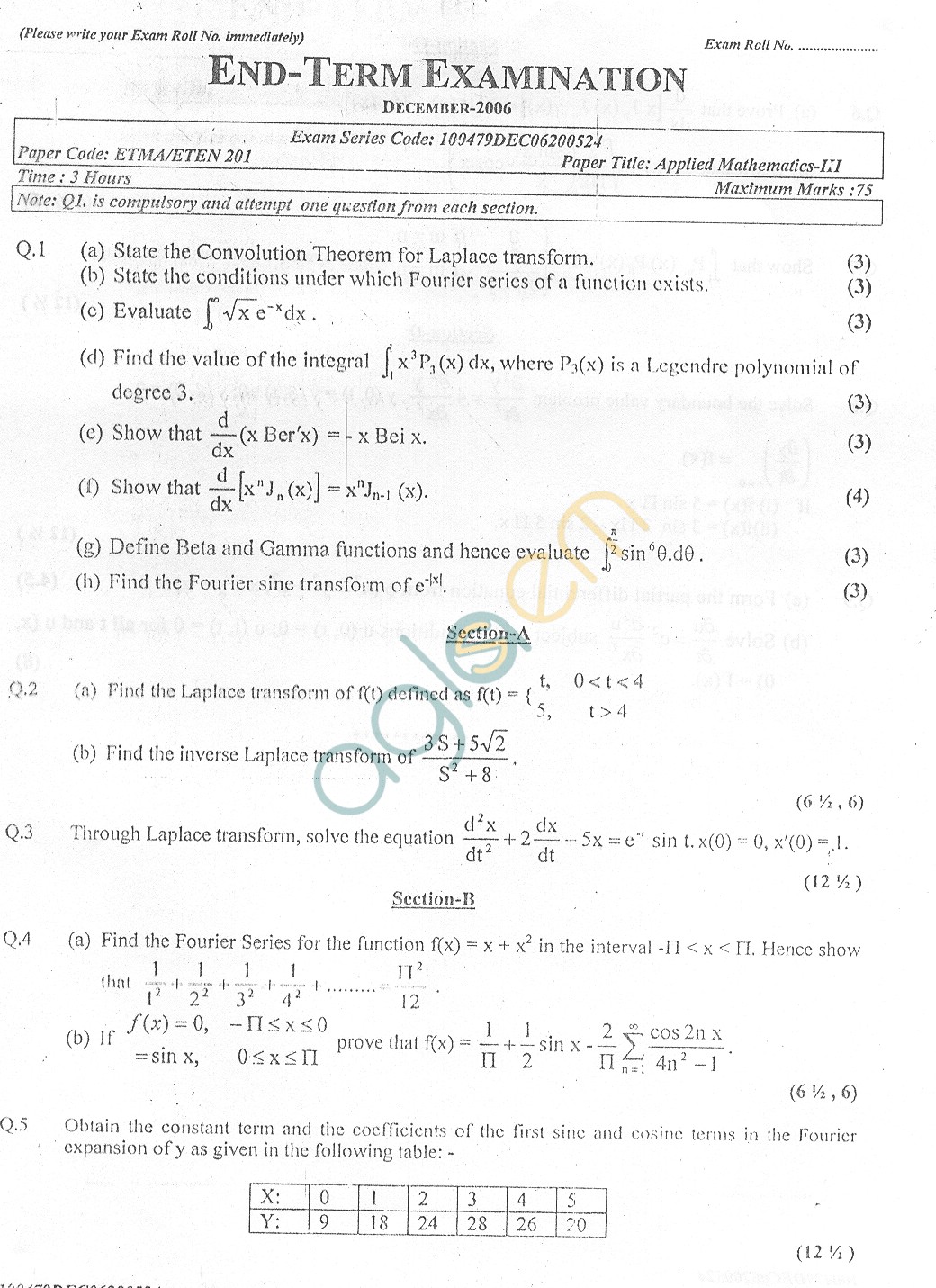 GGSIPU Question Papers Third Semester  End Term 2006  ETMA-201