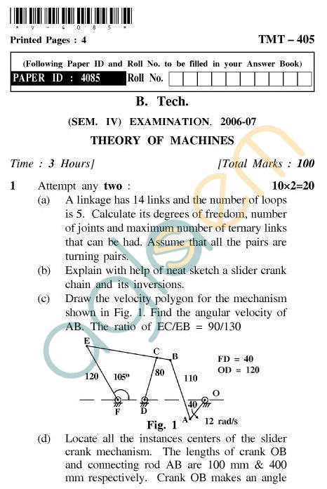 UPTU B.Tech Question Papers - TMT-405 - Theory of Machines
