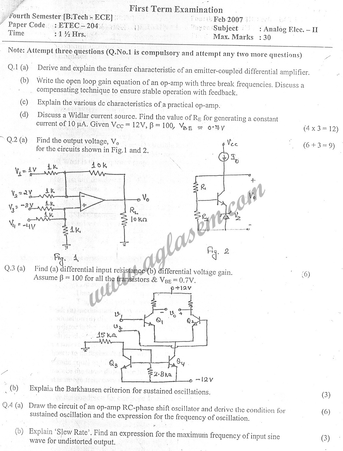 GGSIPU Question Papers Fourth Semester  First Term 2007  ETEC-204