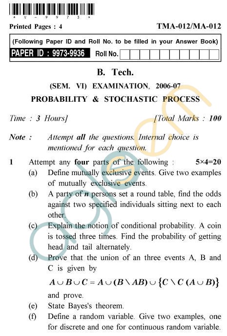 UPTU B.Tech Question Papers - TMA-012/MA-012 - Probability & Stochastic Process