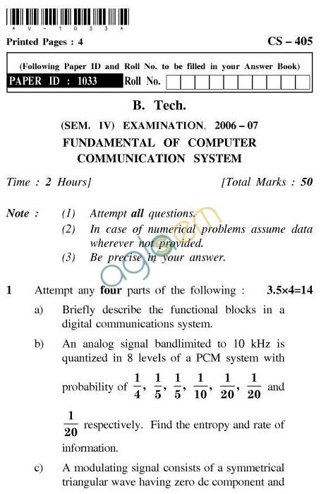 UPTU B.Tech Question Papers - CS-405-Fundamental of Computer Communication System