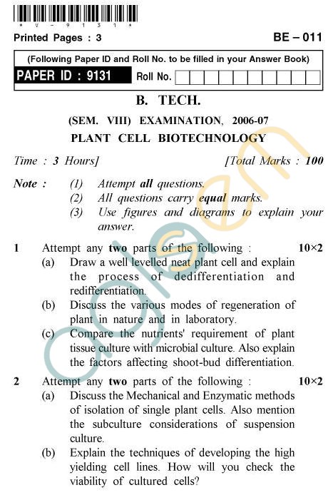 UPTU B.Tech Question Papers - BE-011 - Plant Cell Biotechnology