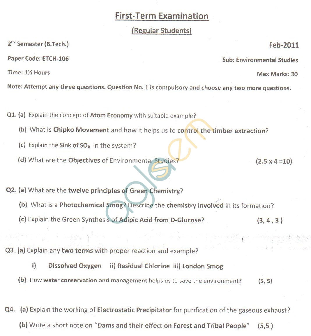 GGSIPU Question Papers Second Semester – First Term 2011 – ETCH-106
