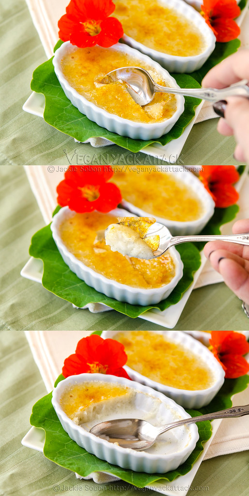 image collage of eating Vegan Vanilla Crème Brûlée with spoon