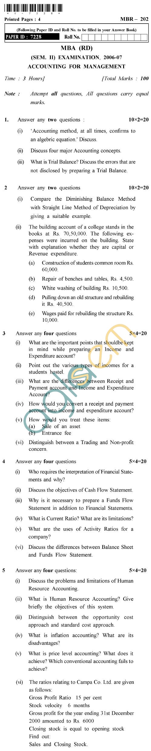 UPTU MBA (RD) Question Papers - MBR-202-Accounting for Management