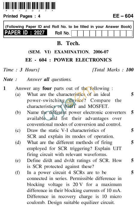 UPTU B.Tech Question Papers - EE-604-Power Electronics