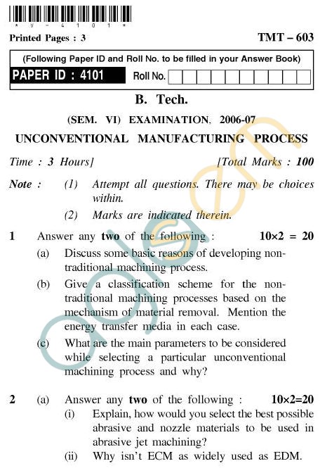 UPTU B.Tech Question Papers - TMT-603 - Unconventional Manufacturing Process