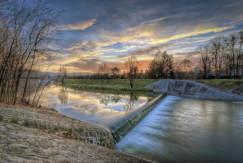 blue trees sky orange green water clouds reflections river poland hdr cieszyn weir olza