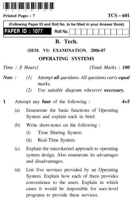 UPTU B.Tech Question Papers - TCS-601-Operating System