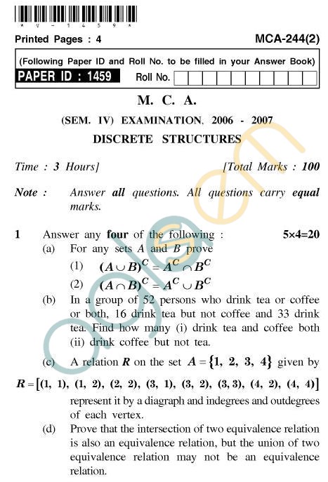 UPTU MCA Question Papers - MCA-244(2) - Discrete Structures