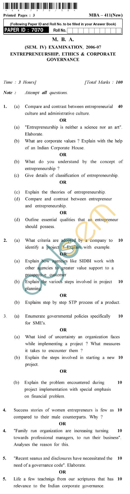 UPTU M.B.A. Question Papers - MBA-411 (New)-Entrepreneurship, Ethics & Corporate Governance