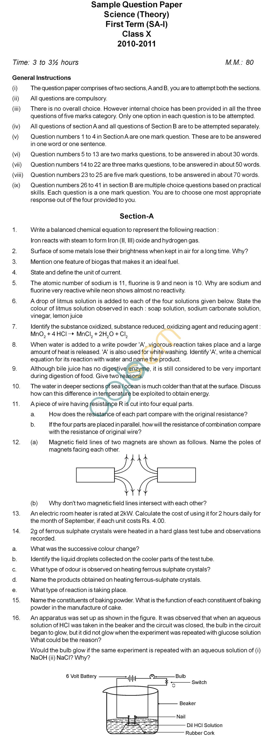 CBSE Board Exam Sample Papers (SA10): Class X - Science - AglaSem