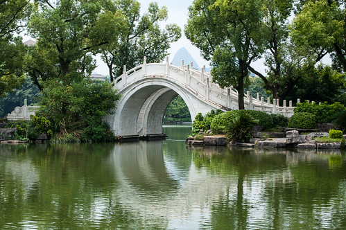 china bridge trees lake reflection green water cn nikon guilin hill circular guangxi d90 ronghulake