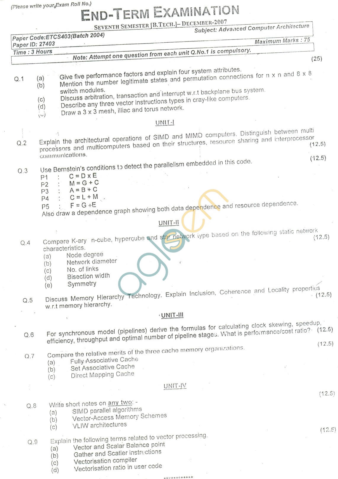 GGSIPU: Question Papers Seventh Semester – end Term 2007 – ETCS-403