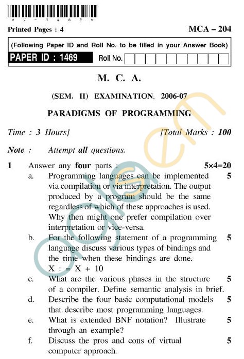 UPTU MCA Question Papers - MCA-204 - Paradigms of Programming