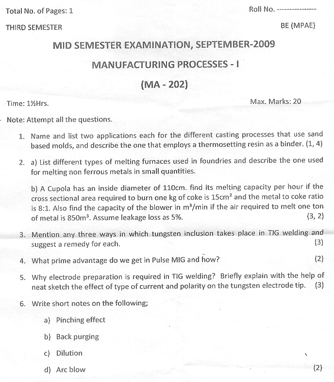 NSIT: Question Papers 2009 – 3 Semester - Mid Sem - MA-202