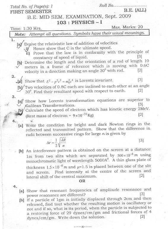 NSIT: Question Papers 2009  1 Semester - Mid Sem - All Branches-103