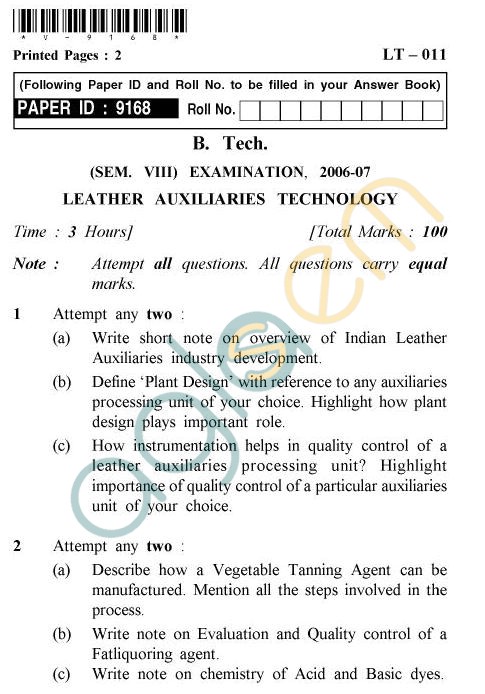 UPTU B.Tech Question Papers - LT-011 - Leather Auxiliaries Technology