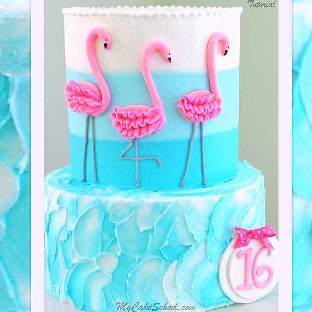 Flamingo fun! Buttercream frosted cake tiers with a fondant accent by MyCakeSchool.com