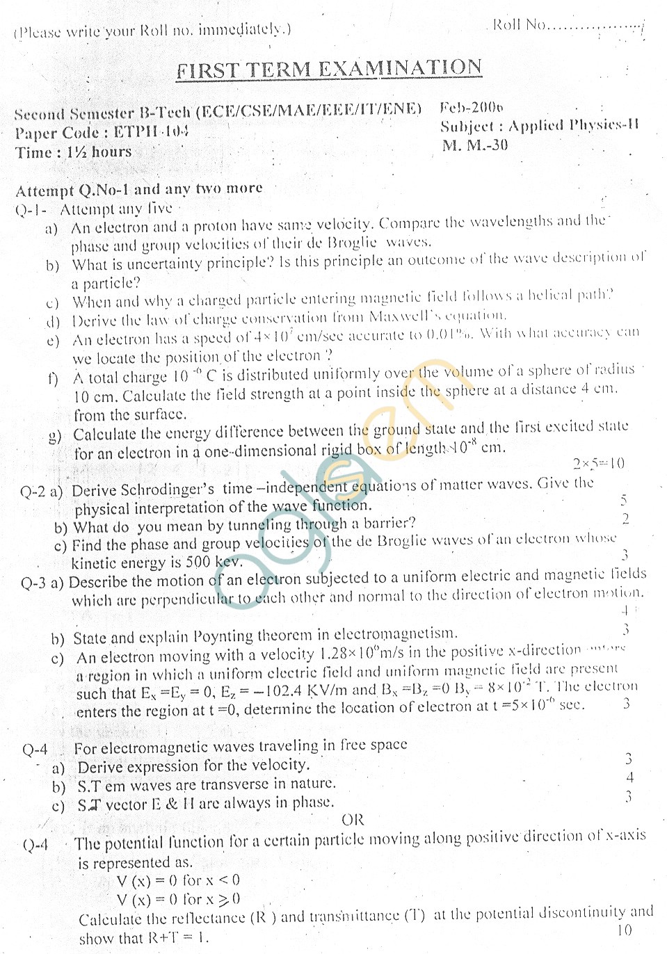 GGSIPU Question Papers Second Semester  First Term 2006  ETPH-104