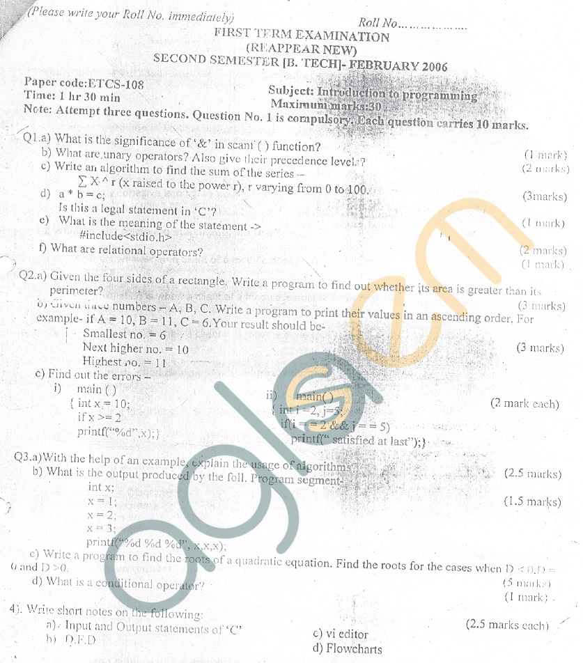 GGSIPU Question Papers Second Semester – First Term 2006 – ETCS-108
