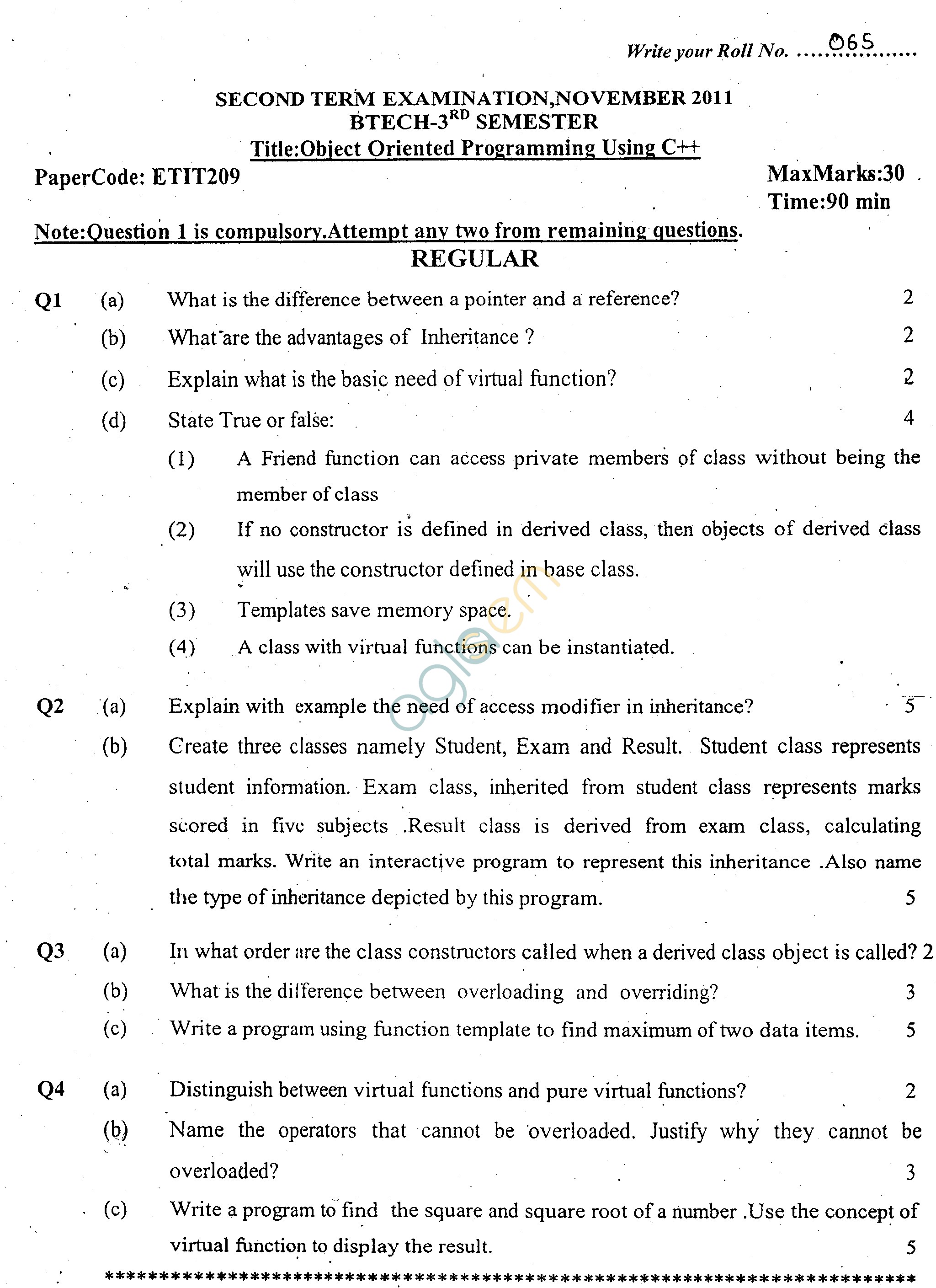 GGSIPU Question Papers Third Semester – Second Term 2011 – ETIT-209