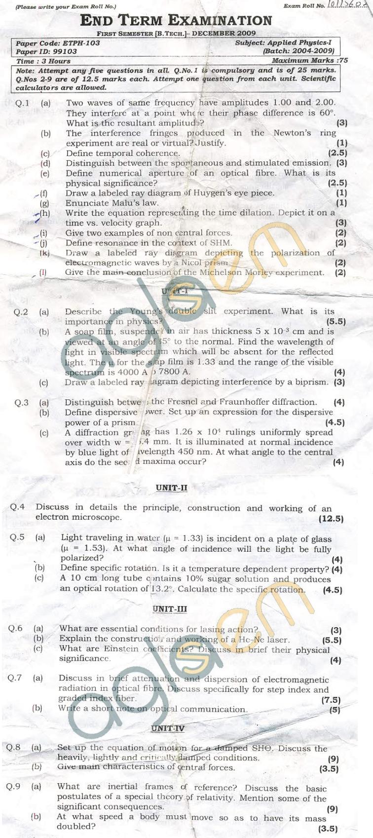 GGSIPU: Question Papers First Semester – end Term 2009 – ETPH-103
