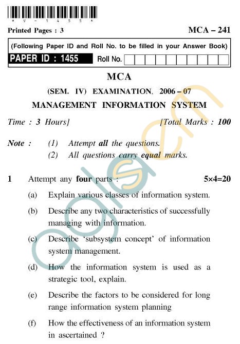 UPTU MCA Question Papers - MCA-241 - Management Information System