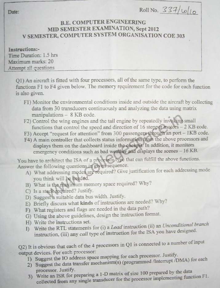 NSIT Question Papers 2012  5 Semester - Mid Sem - COE-303
